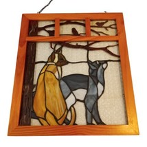 Curious Bird Watching Cats  Wood Framed Stained Glass Suncatcher Chain 13&quot;x11.5&quot; - £26.87 GBP