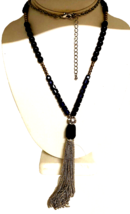 Long 30&quot; Black Beaded Necklace w Tassel Clear Rhinestones and Silver Spacers - £6.12 GBP