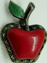 Sterling Silver Brooch 925 Woman Teacher Red Apple Malachite Enamel Hallmarked - £35.22 GBP