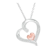 Diamond Accent Tilted Double Heart Pendant in Sterling Silver with 14K Rose Gold - £55.02 GBP