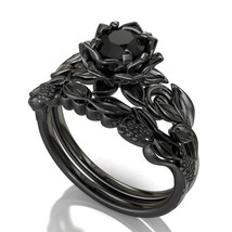 Lotus Flower Rings In Round Black Diamond Flower Leaf Ring in Sterling Silver - £99.55 GBP