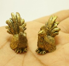 Duo Chicken rooster lp Larn magic tiny brass amulet miniature figurine blessed f - £23.47 GBP