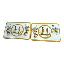 Massilly Quimper Tin Box Folk Art Design Hinged Lid 7x5 Yellow France Set 2 READ - £22.08 GBP