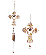 Autumn Floral Gemstones Fleur De Lis Christian Cross Art Glass Metal Win... - $678.54 MXN