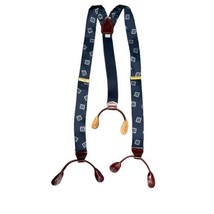 Vintage CAS W.  Suspenders Silk Made In Germany Brass Navy Blue Brown Leather - $21.87