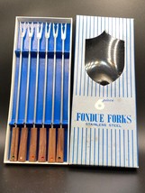 6 fondue forks in boxed set stainless steel teak MCM VTG - £13.90 GBP