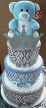 3 Tier Blue and Silver Teddy Bear Prince Baby Shower Diaper Cake Centerpiece - £58.83 GBP