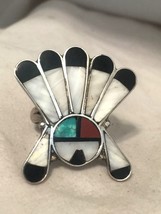 Vintage Sterling Silver Southwest Tribal Chief Sun Ring Size 5.25 Turquoise Onyx - £77.55 GBP