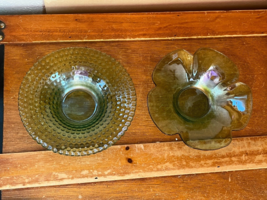 Lot of Thin Green Hobnail &amp; Scalloped Flower Shallow Glass Bowl Candle Holder or - £11.87 GBP