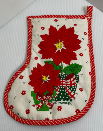 Primary image for Christmas Pot Holders Vintage Franco Stocking Shape Hot Pads Poinsettia Striped