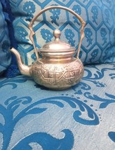 ANTIQUE Vintage Tea pot Morocco Islamic Silvered Brass Teapot Sealed Fes Decor - £280.64 GBP