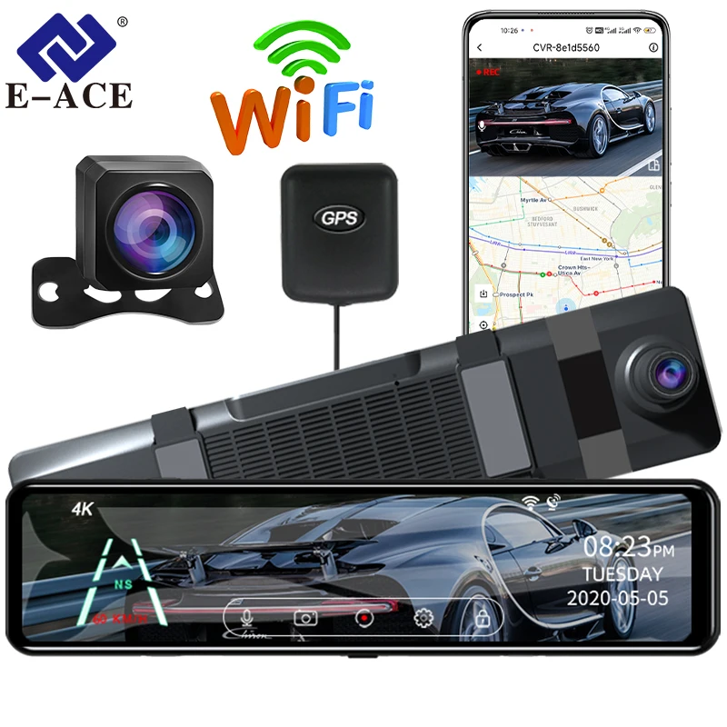 E-ACE 12 Inch 4K Car Dvr Mirror WiFi GPS IPS Screen Stream Rear View Dash Cam - £83.46 GBP+