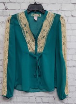 Flying Tomato Womens Lace Tie Front V Neck Long Sleeve Green White Blouse S  - £7.85 GBP