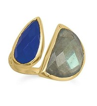 14K Yellow Gold Plated Labradorite &amp; Pear Blue Jade Open Band Anniversary Ring - £111.04 GBP