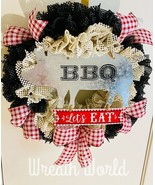 BBQ PIG WREATH LET’S EAT PATIO DECOR FARMHOUSE COUNTRY BARBECUE DINER KI... - £37.18 GBP
