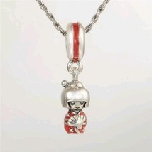 925 Sterling Silver Japanese Doll Dangle Charm with Red Enamel Pendant Charm  - £13.94 GBP