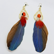 Tribal Feather Macaw Guacamayo Earrings with Huayruro Seed Beads - £15.13 GBP