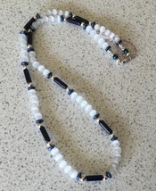 White Catseye and Navy Blue Dyed Howlite Beaded Necklace - £6.66 GBP