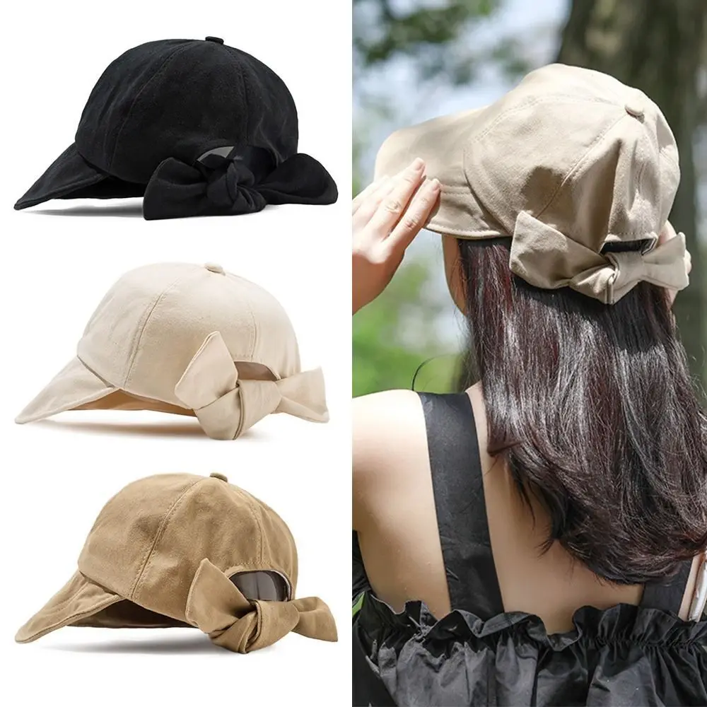 Summer bow sunhat cotton bucket hat outdoor beach adjustable sun visor hats solid color thumb200