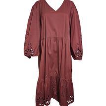 Chico&#39;s 3.5(18) Burgundy Poplin Eyelet Midi Bohemian Dress W/ Pockets  - £45.89 GBP