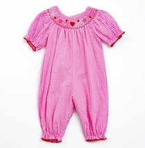 Boutique Valentine&#39;s Day Smocked Heart Baby Girls Pink Romper Jumpsuit - £13.58 GBP