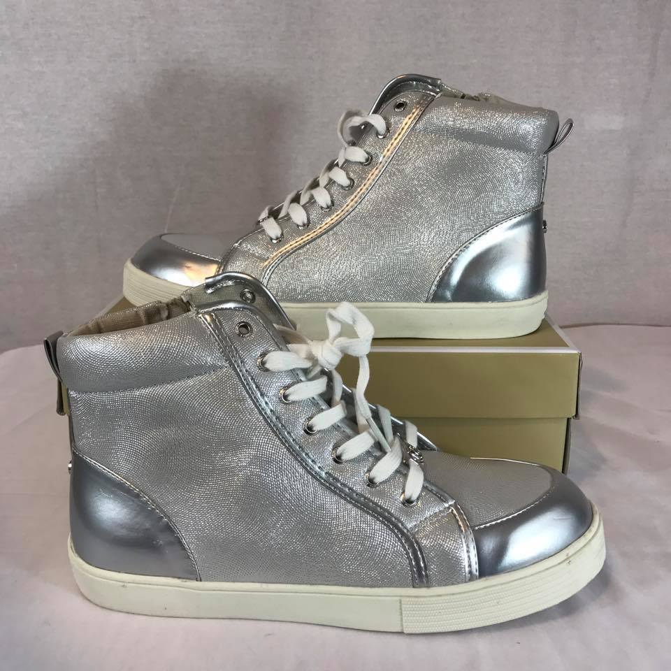 Michael Kors girl's Zella high glitters silver hi top side zip sneakers size 5 - $37.03