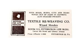 Textile Re-Weaving Co Wizard Menders 1940&#39;s Business Card Pa - $16.34