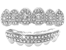 Custom Fit Crown Silver Plated CZ Iced Bling Mouth Teeth Grillz Set + Mo... - £11.79 GBP