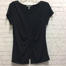 Ny Collection Womens Blouse Black Short Sleeve Scoop Neck Layered Embellished M - £12.12 GBP