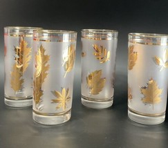 Vintage Libbey CO Golden Leaves Foliage Frosted Glass 12 OZ Flat Tumbler... - $49.49
