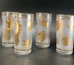 Vintage Libbey CO Golden Leaves Foliage Frosted Glass 12 OZ Flat Tumbler Set 4 - £38.91 GBP