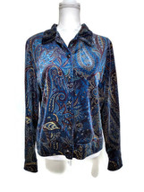 Coldwater Creek Womens L Blue Velour Metalic Paisley Button Up Blazer Ja... - £22.43 GBP