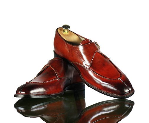 New Handmade Men's Burgundy Leather Split Toe Monk Strap Shoes, Men Dress Shoes
