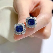 3.00Ct Asscher Cut Simulated Sapphire Halo Stud Earrings 14K White Gold Plated - £82.13 GBP