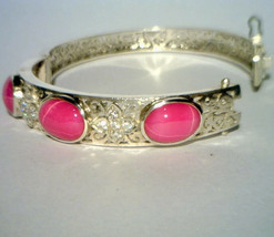 Lab Pink Star Sapphire Ruby Cubic Zirconia Sterling Hinged Bangle Bracelet 58 mm - £265.78 GBP
