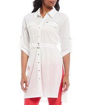 New Calvin Klein Women&#39;s Textured Knit Roll Tab Sleeve Belted Tunic Whit... - $69.99