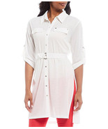 New Calvin Klein Women&#39;s Textured Knit Roll Tab Sleeve Belted Tunic Whit... - $76.57 CAD