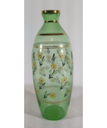 Vintage 10” GREEN VASE Hand Painted Yellow Flowers And Gold Trim Art Deco - $29.69