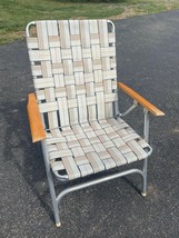 Vintage Aluminum Webbed Multicolor Folding Lawn Chair W/ Wood Armrests - £42.56 GBP