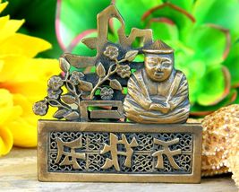 Vintage Buddha Brass Oriental Asian Symbols Flowers Brooch Pin Figural - £22.34 GBP