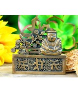 Vintage Buddha Brass Oriental Asian Symbols Flowers Brooch Pin Figural - $27.95