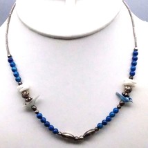 Vintage Rose Beads Necklace in Silver Tone with Blue, Mother of Pearl and Carved - £16.05 GBP
