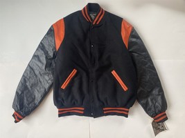 Vintage Holloway Black &amp; Orange Wool &amp; Leather Letterman Varsity Jacket ... - £227.29 GBP