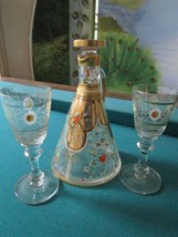 Liquor Decanter Bohemian glass angels and gold and two footed glasses [G... - $79.37