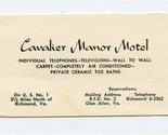 Cavalier Manor Motel US 1 North Richmond Virginia Business Card &amp; Mileag... - $11.88