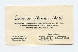 Cavalier Manor Motel US 1 North Richmond Virginia Business Card &amp; Mileag... - £9.34 GBP