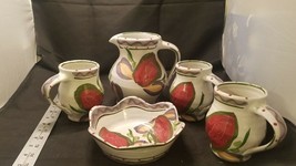 Art Pottery Pitcher And Cup Set with Bowl Fruit Motif - £16.72 GBP