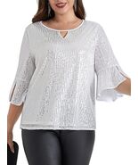 Hanna Nikole Plus Size Bell Sleeve V Neck Blouse Silver White Size 16Plus - $464.21 MXN