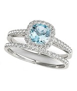 925 Sterling Silver Cushion-Cut Aquamarine & CZ Dia Bridal Wedding Halo Ring Set - £48.63 GBP