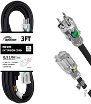 3FT 12/3 Lighted Extension Cord - 12 Gauge 3 Prong SJTW Heavy Duty Black Extensi - £10.02 GBP